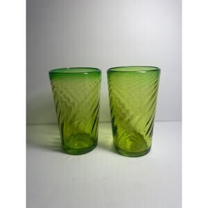 Set of 2 1970s vintage hand-blown olive green bubble swirled drinking glasses